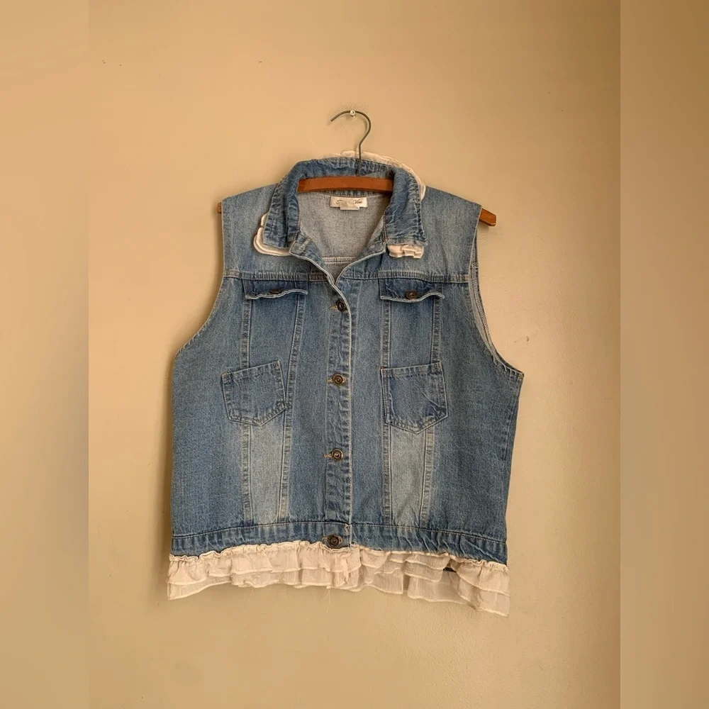 Paisley Vine Vest Pockets PURE Cotton Jean blue denim LACE ruffles Boho
